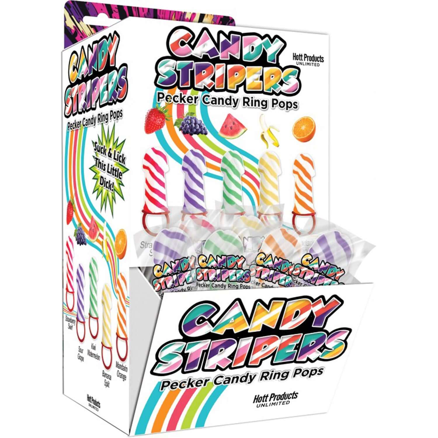 Candy Stripers Pecker Candy Ring 36 Pc Display featuring colorful pecker-shaped candy rings in a fun countertop display.
