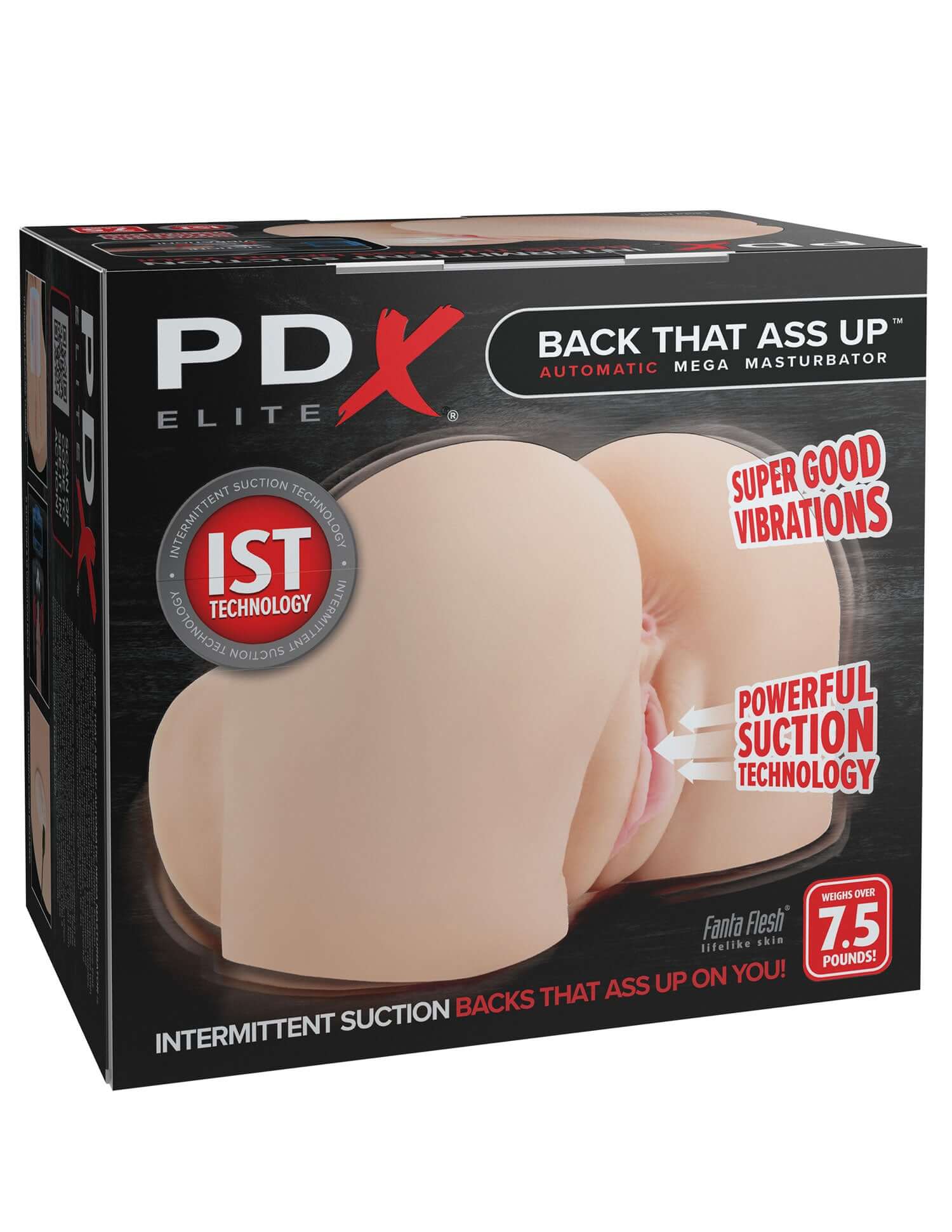 PDX Elite Back That Ass Up Mega Masturbator box featuring powerful suction and super good vibrations technology.