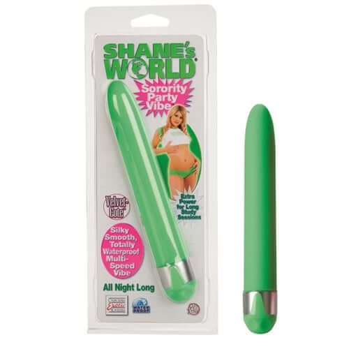 Shanes World Sorority Party Vibe All Night Long Green vibrator in packaging showcasing its silky-smooth design and features.