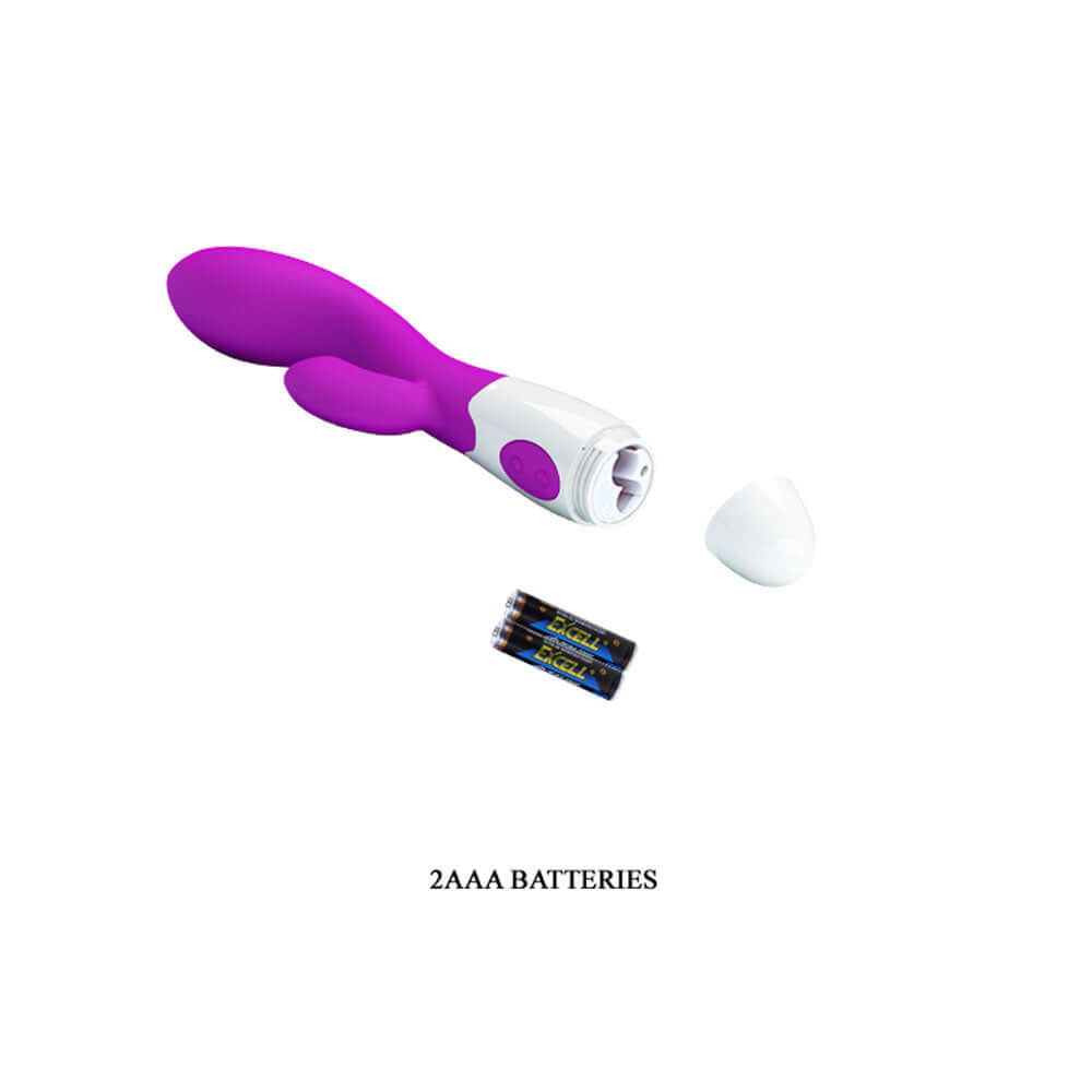 Pretty Love Rabbit Vibrator Brighty in vibrant purple with detachable battery compartment and two AAA batteries.