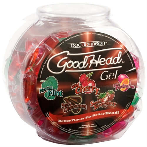 Good Head Mini Packs 216 Pc Fishbowl full of flavored gels in various color wrappers, including Mystical Mint and Wild Cherry.