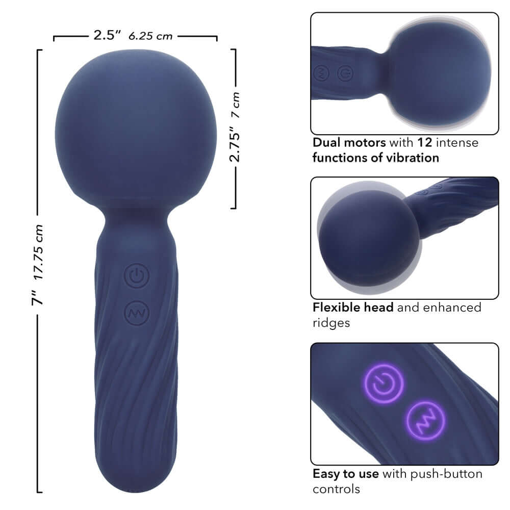 Charisma Seduction Compact Wand Massager - Blue, dual motors, 12 functions, flexible head, body-safe silicone, waterproof design