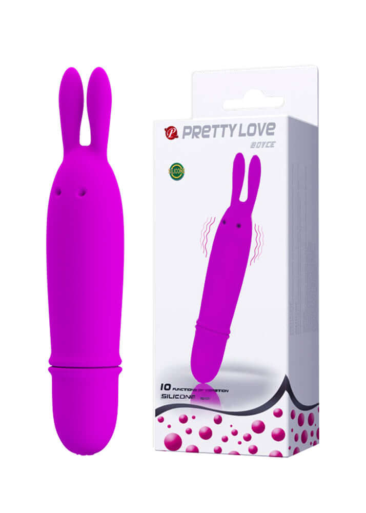 Pretty Love Bunny Vibrator Boyce in vibrant purple color with bunny ears and packaging.