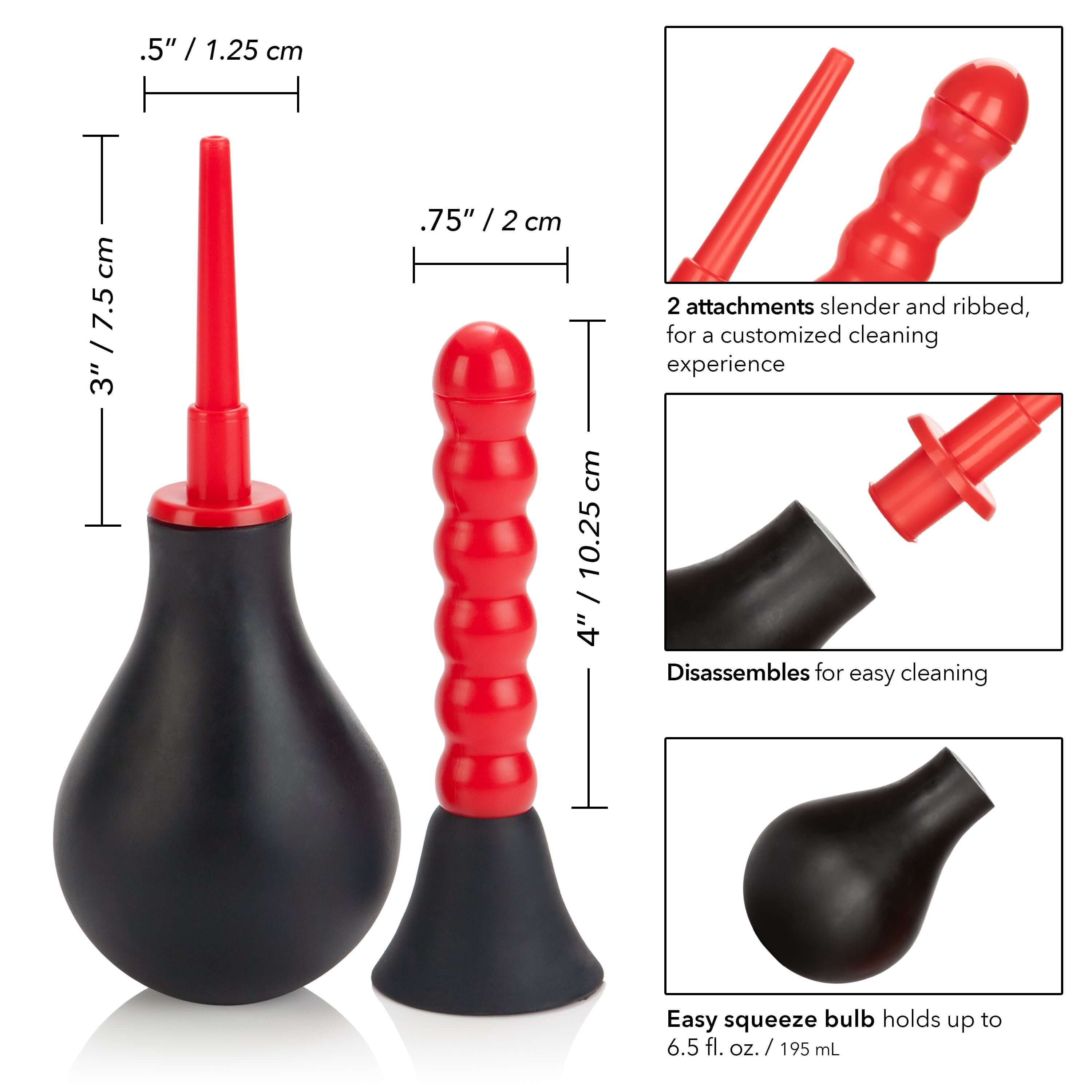 Ribbed Anal Douche kit featuring a squeezable bulb and two attachments for customized anal cleaning experiences.