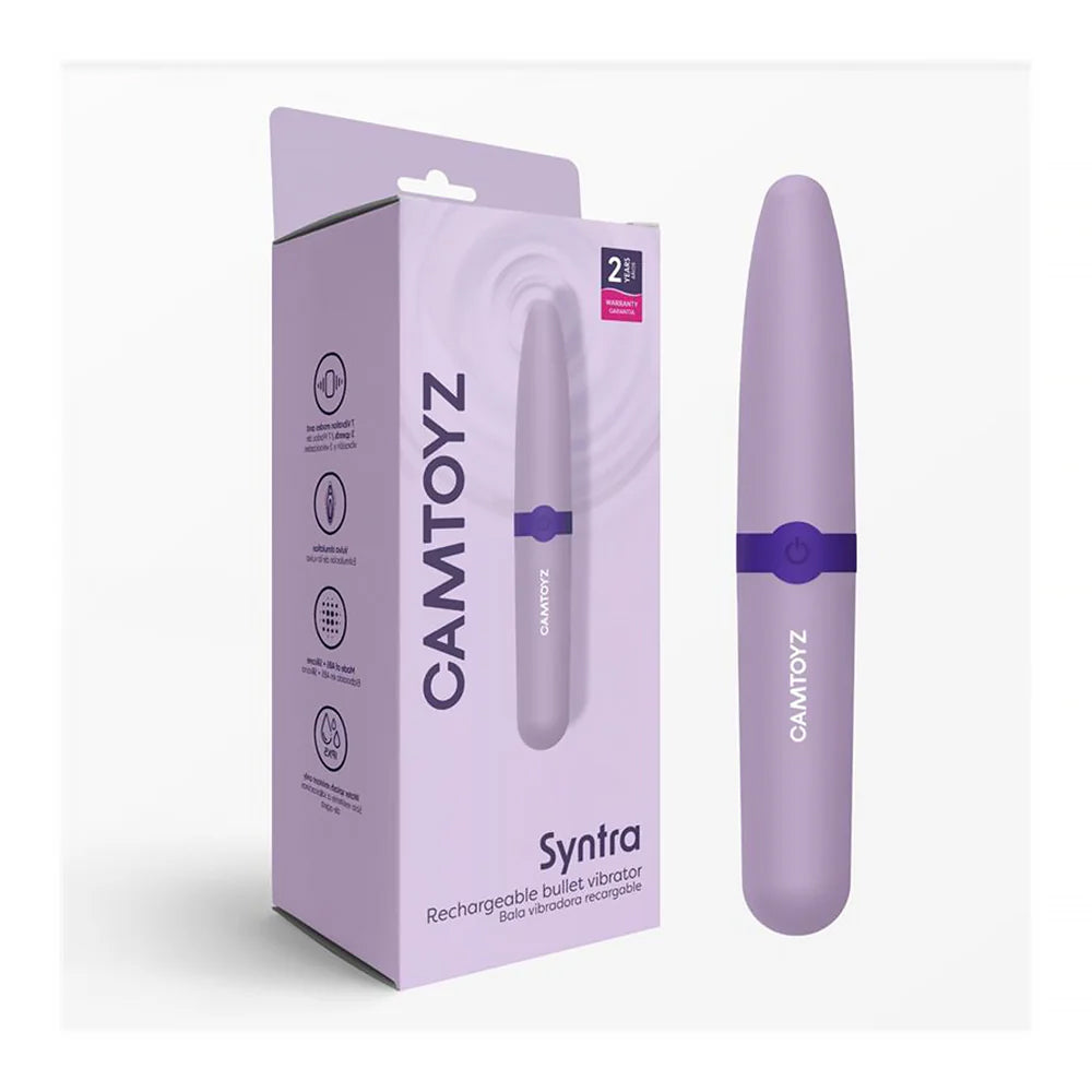 Syntra Camtoyz Rechargeable Bullet Vibrator Purple with packaging, showcasing sleek design and features.