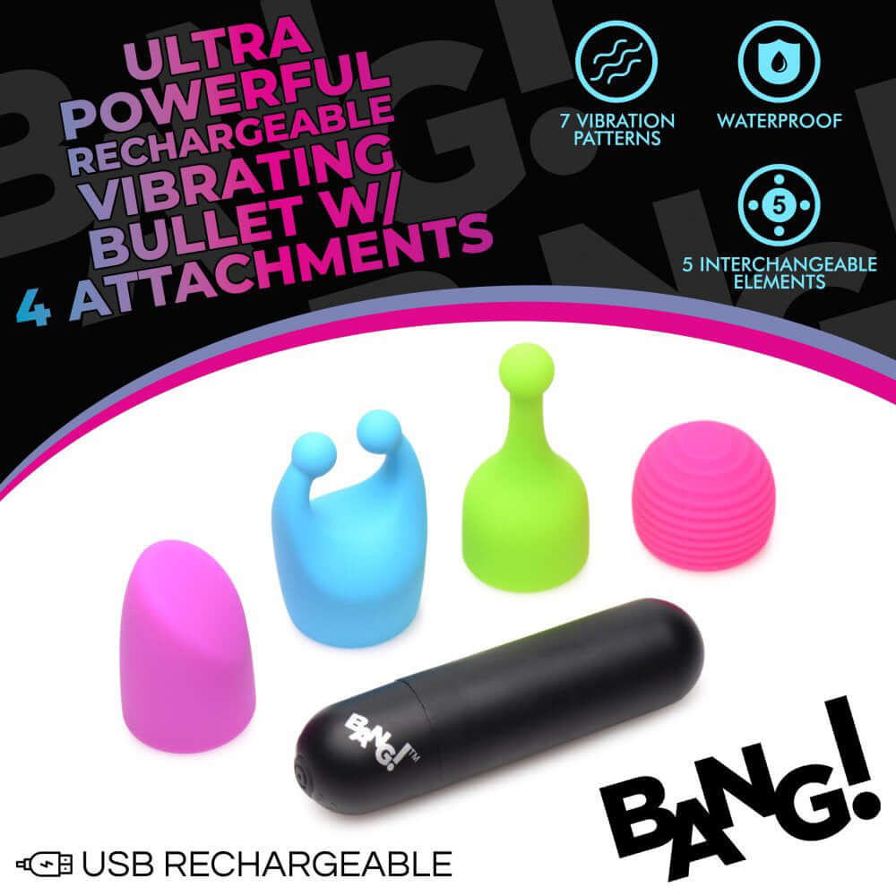 Bang Rechargeable Bullet With 4 Attachments set featuring vibrant attachments and sleek waterproof design.