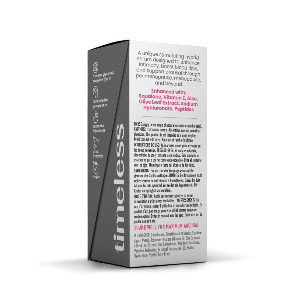 Simply Timeless Arousal Stimulating Hybrid Serum 1 Oz packaging with ingredients and usage instructions.