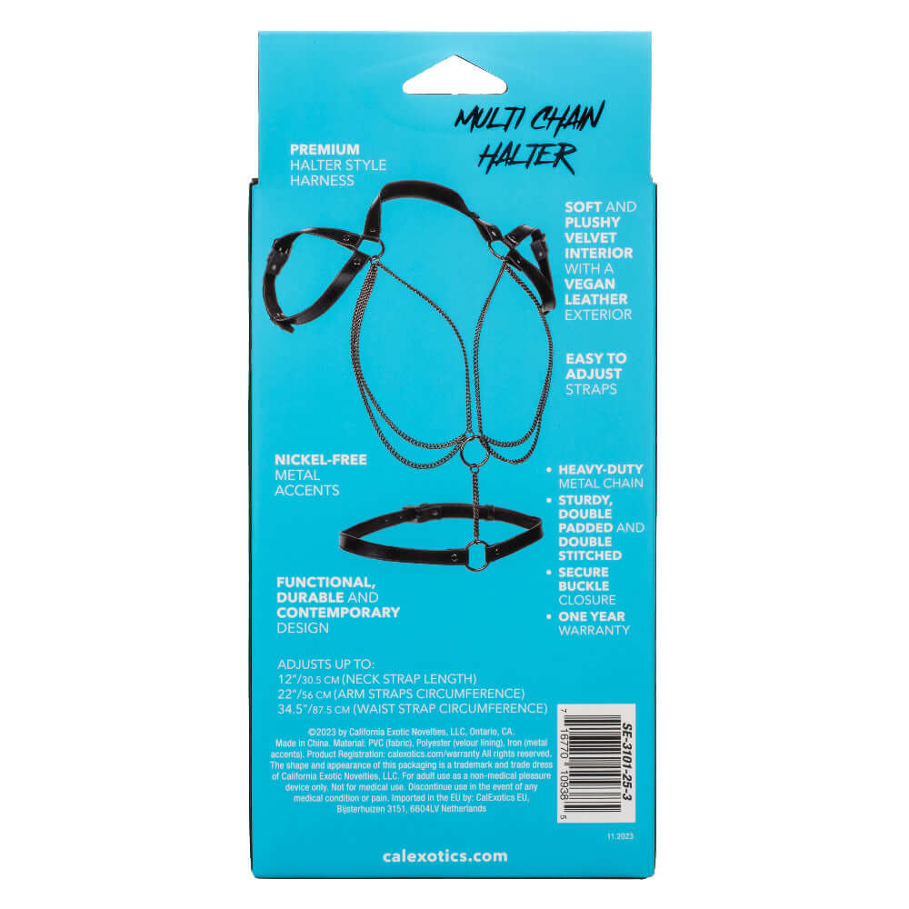Packaging of Euphoria Collection Multi Chain Halter highlighting features and specifications against a blue background.
