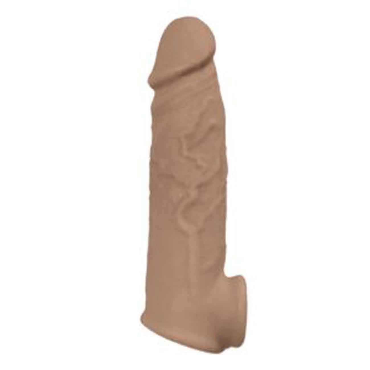 Natural Realskin Vibrating Penis Extender in Brown with veiny texture and pronounced head for enhanced girth and length.