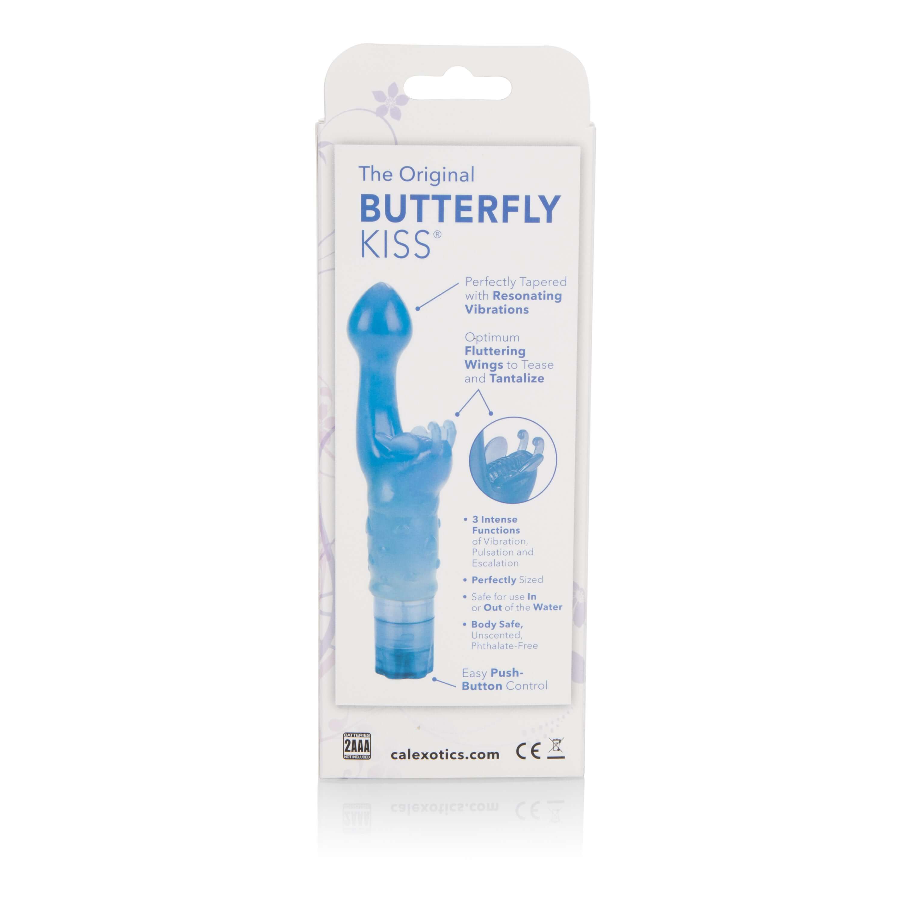 The Original Butterfly Kiss Vibrator Blue packaging featuring G-spot stimulator and fluttering wings for enhanced pleasure.