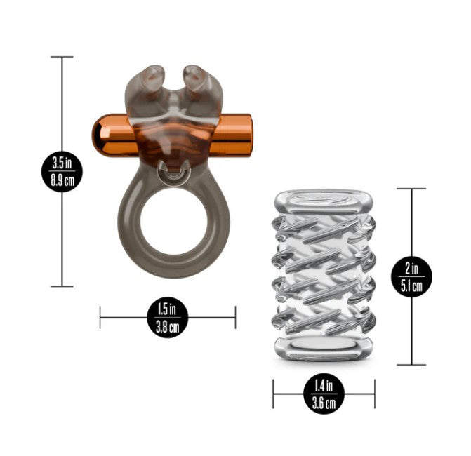 Stay Hard Vibrating Cock Ring Set With Sleeve Sheath dimensions showing cock ring and sleeve sheath features.