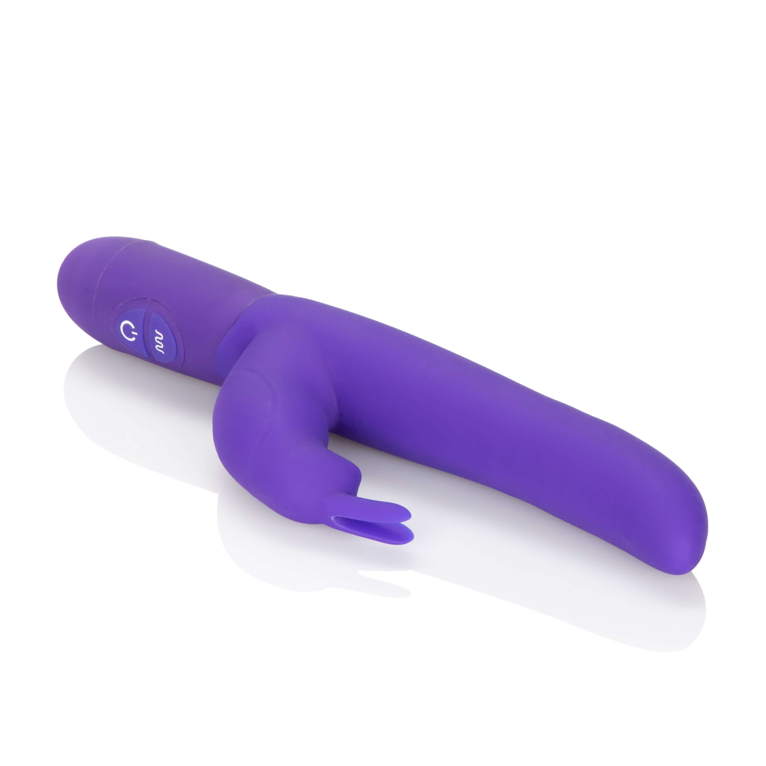 Posh 10-Function Silicone Bounding Bunny Vibrator Purple on a reflective surface showing its sleek design.