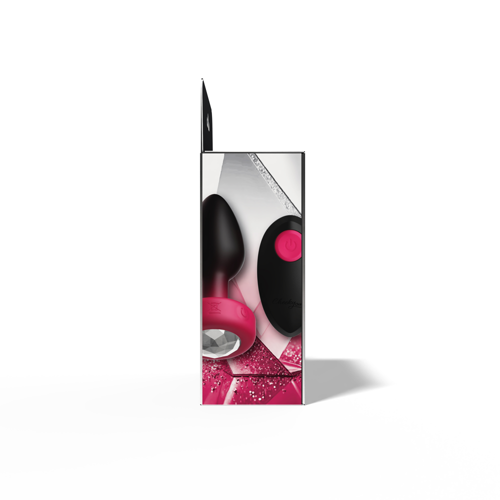 Cheeky Charms Eluxe Vibrating Anal Plug Ruby in stylish packaging showcasing its luxurious design and features.