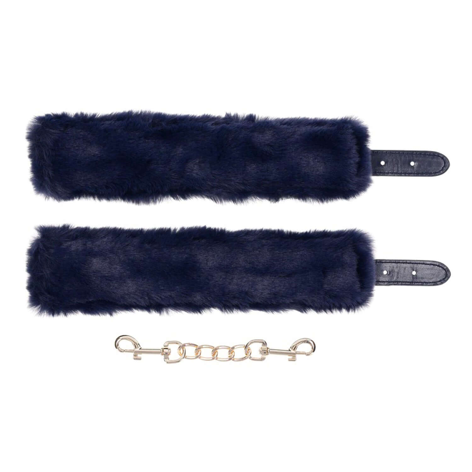 Luxurious blue faux fur handcuffs with gold hardware ideal for sophisticated playful restraint and comfort.