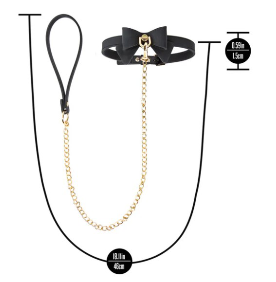 Temptasia Ardor Collar and Leash Black With Bow - elegant collar with bow and gold chain leash, 46cm length.