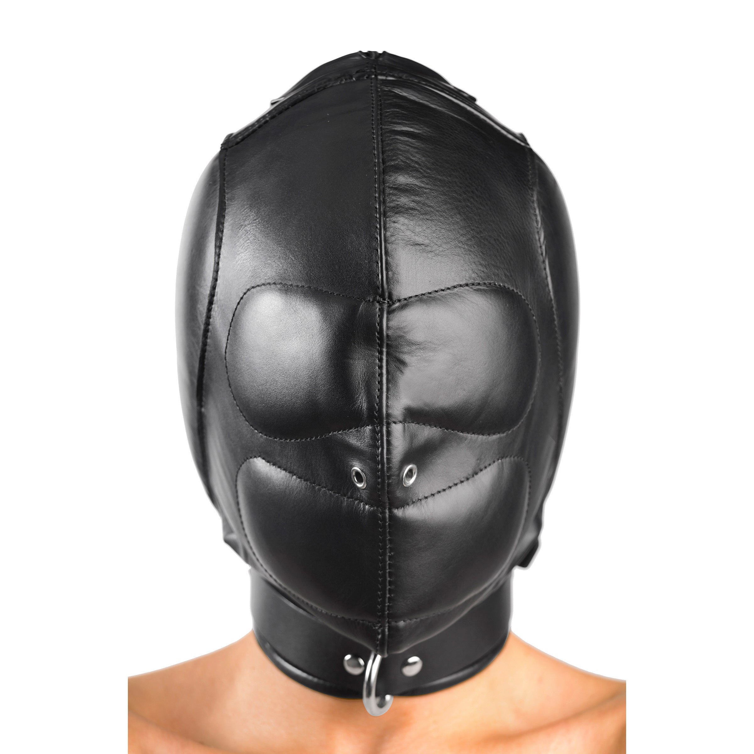 Padded Leather Hood Medium Large on a model, showcasing premium black leather and ergonomic design features.