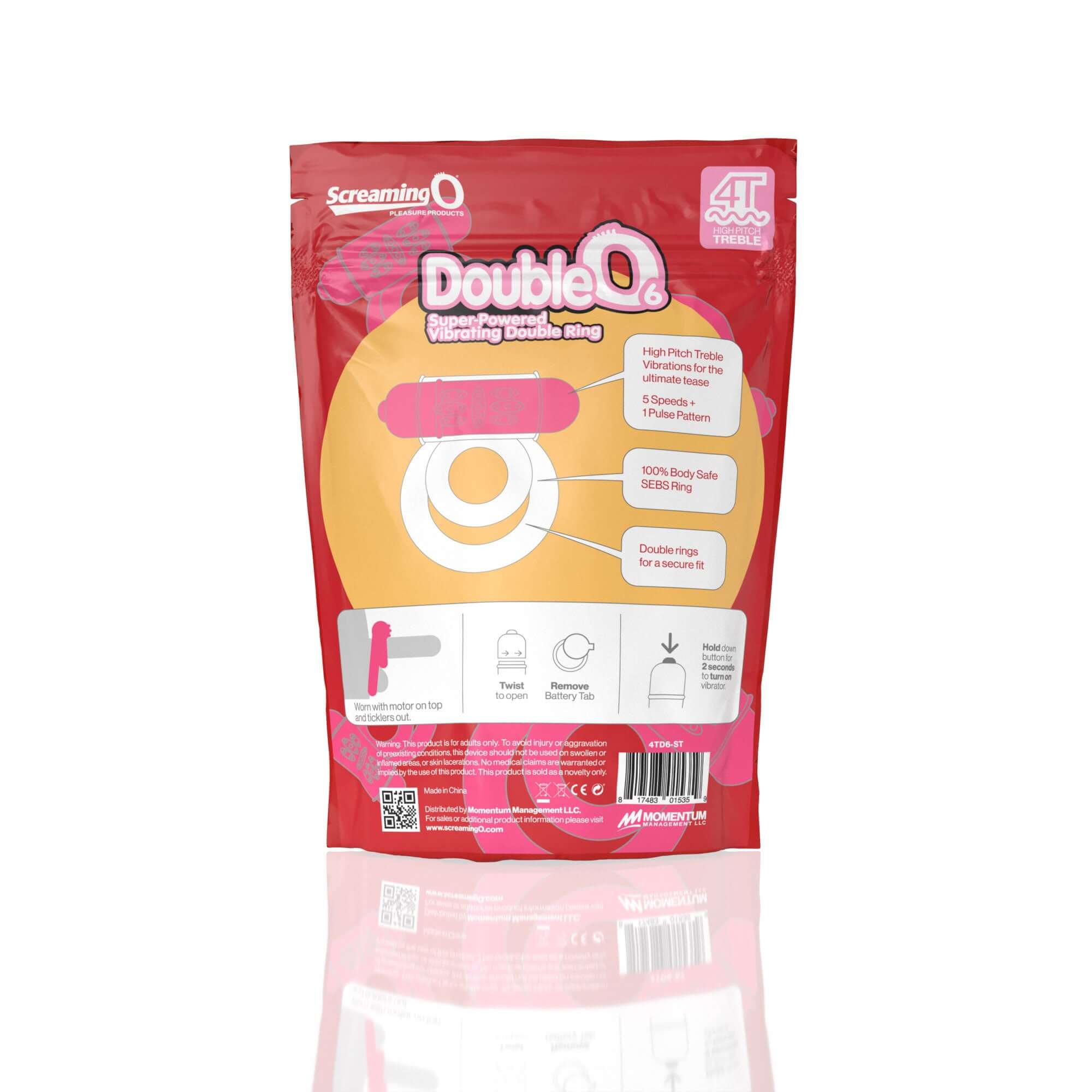 Screaming O 4T Double O 6 Super Powered Ring Strawberry packaging showcasing its features and design.