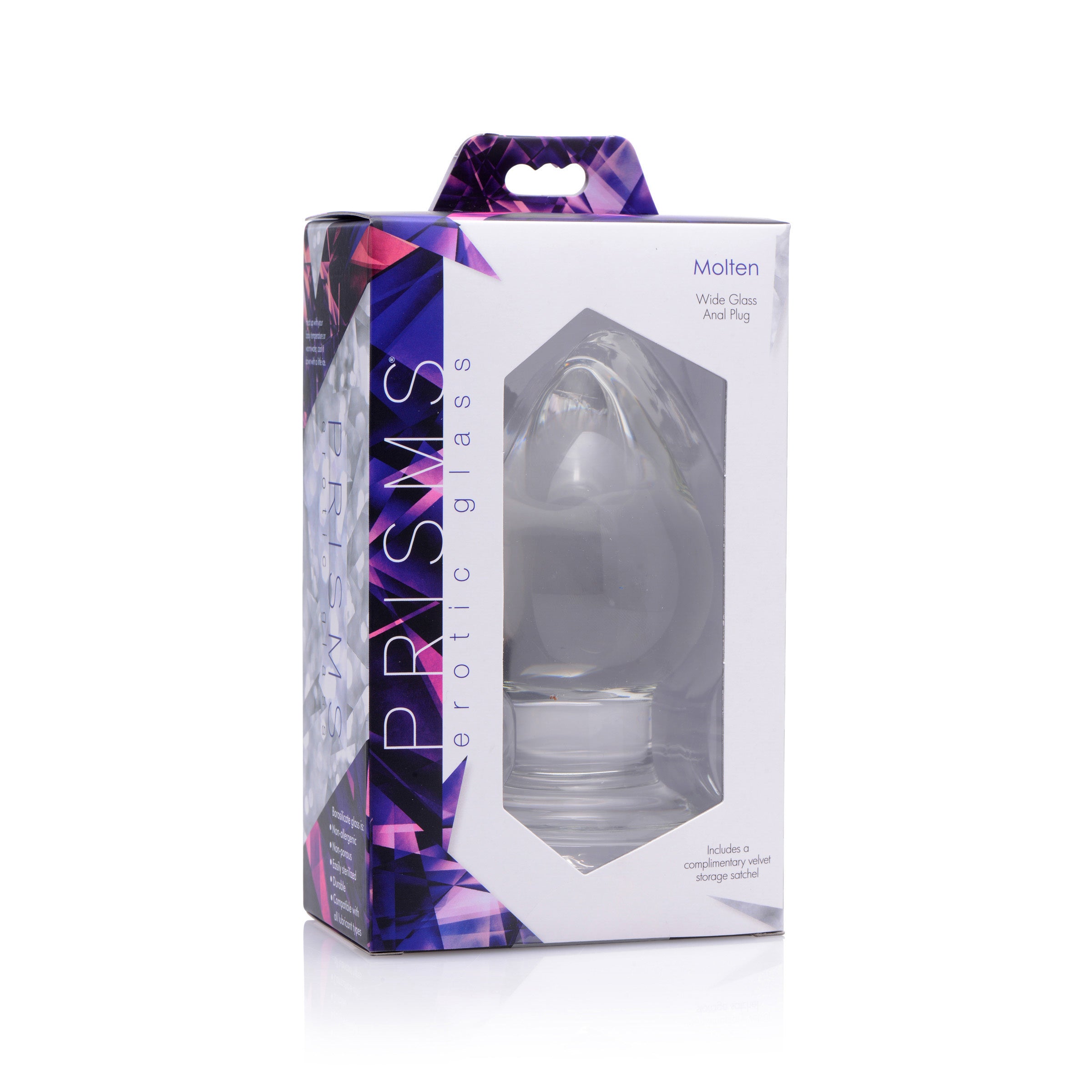 Prisms Molten Wide Glass Butt Plug packaging showcasing premium borosilicate glass design and elegant aesthetics.