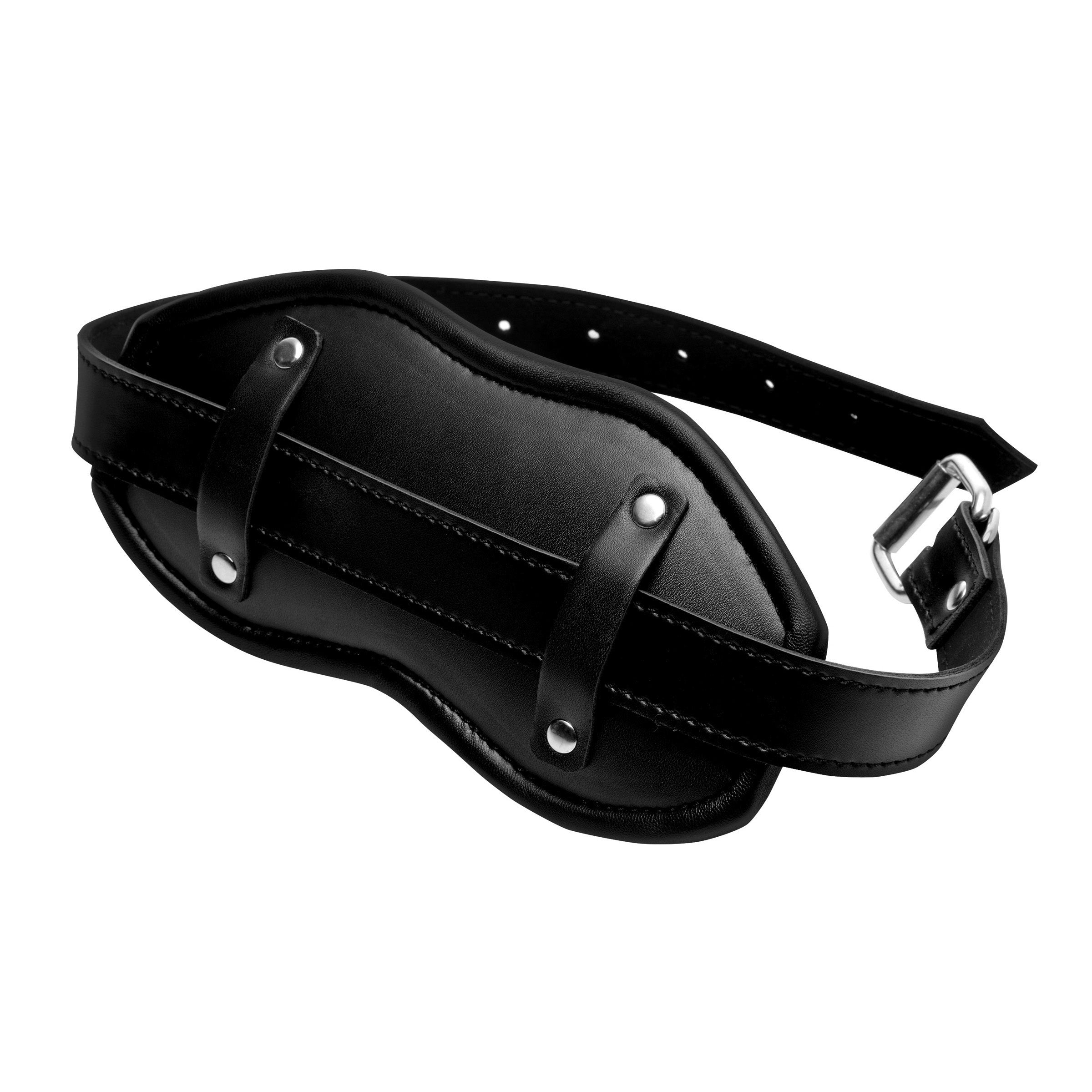 Strict Cock Head Silicone Mouth Gag in sleek black design with padded straps and sturdy hardware for comfort and security.