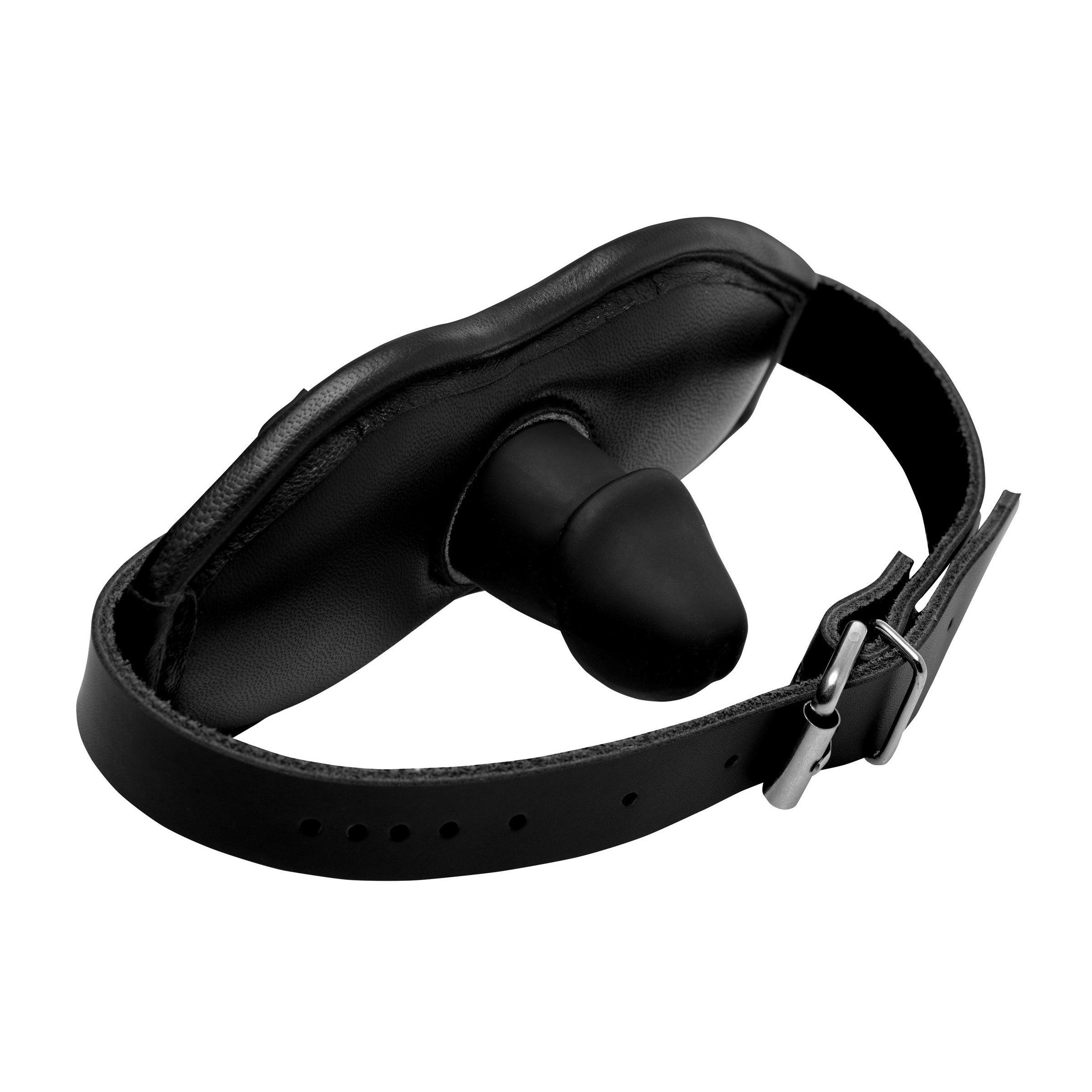 Strict Cock Head Silicone Mouth Gag with padded faux leather head strap and silicone insert.