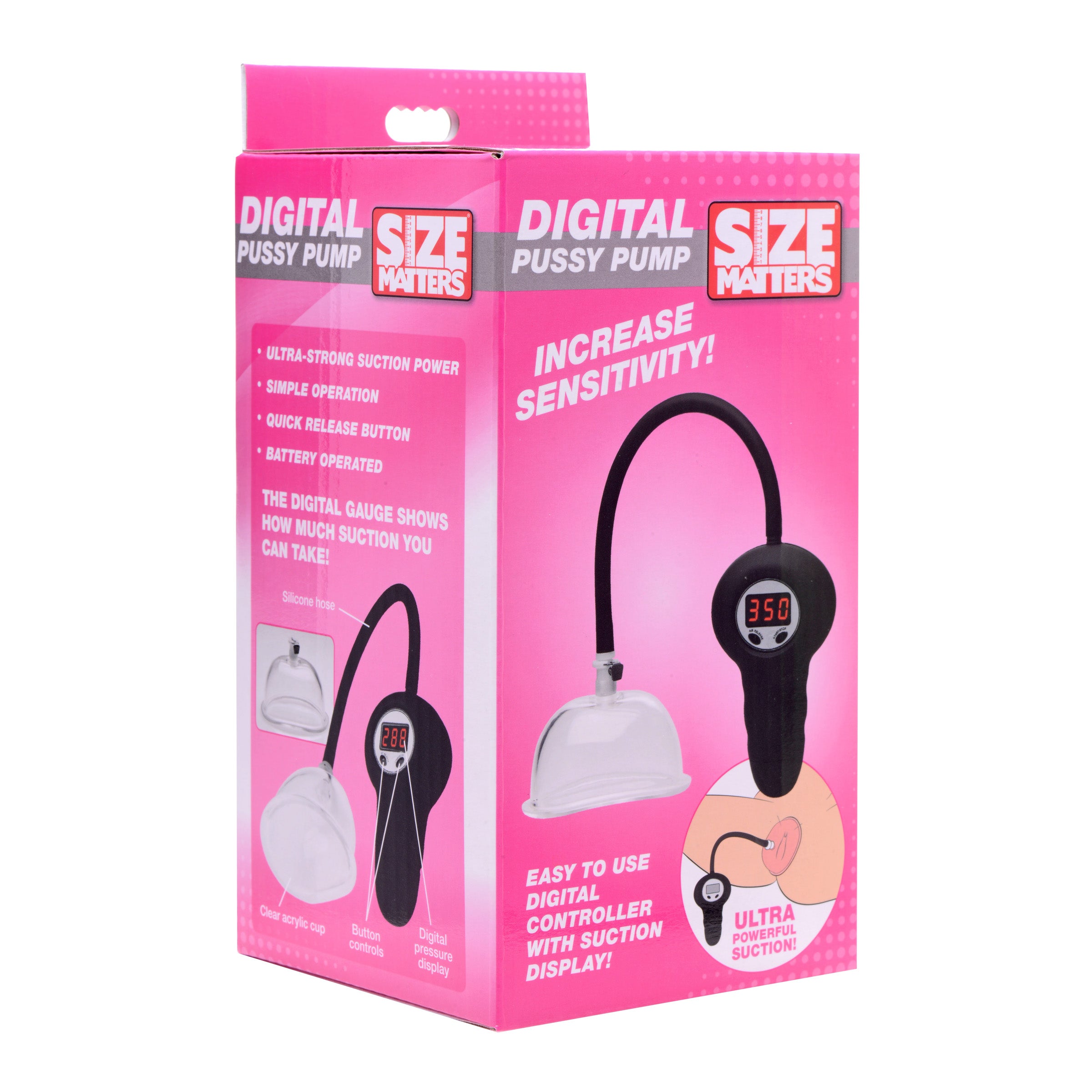 Digital Automatic Pussy Pump packaging showcasing the device with digital controller and pressure display.