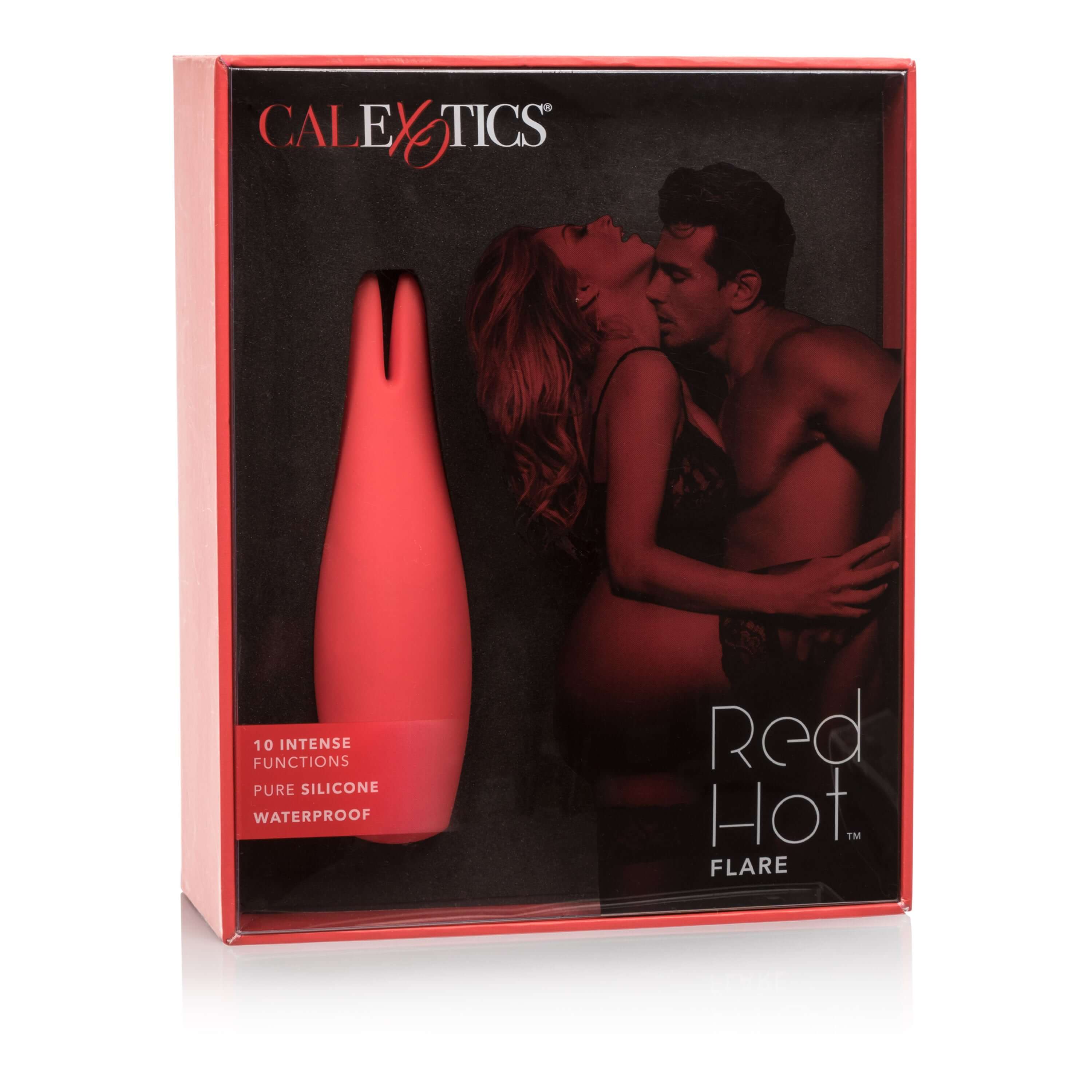 Red Hot Flare Clitoral Massager in packaging showcasing a sleek design and features for enhanced pleasure.