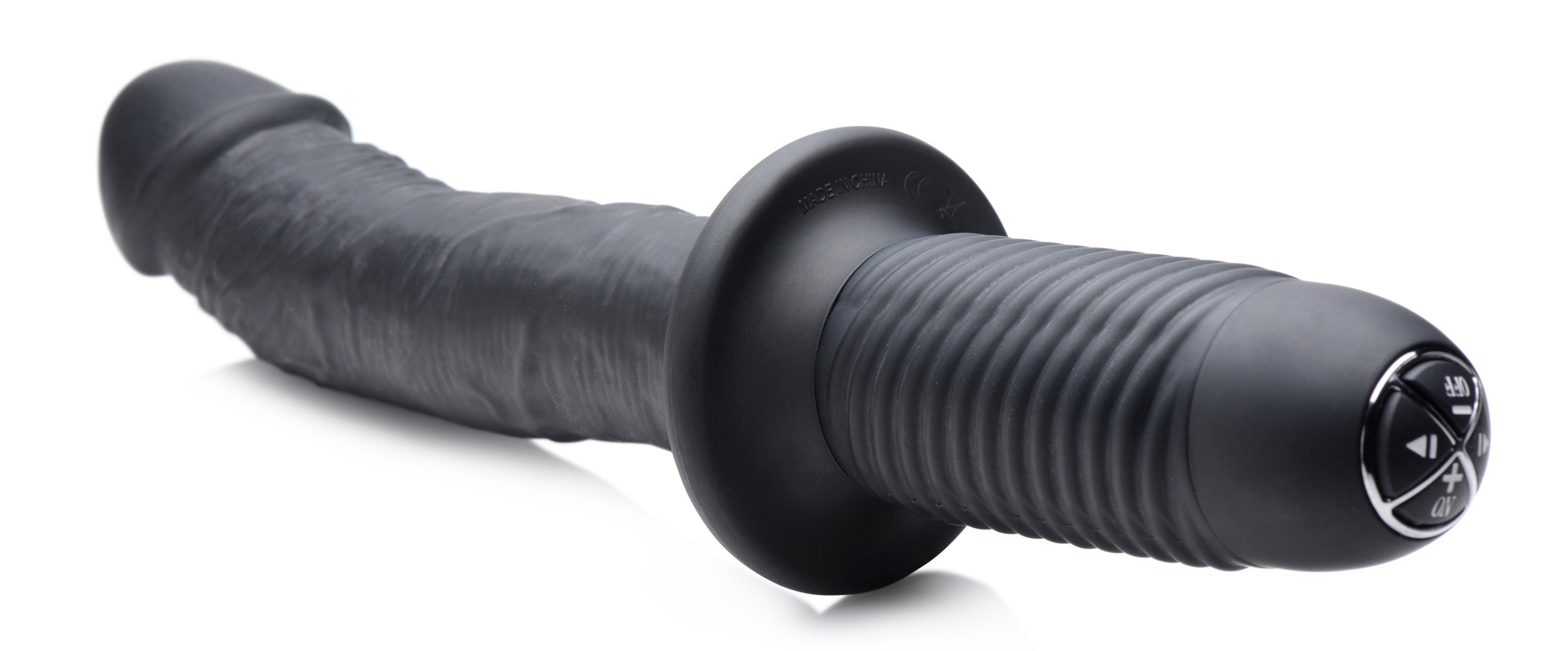 The Large Realistic 10X Silicone Vibrator with Handle featuring a detailed design and textured grip for enhanced pleasure.