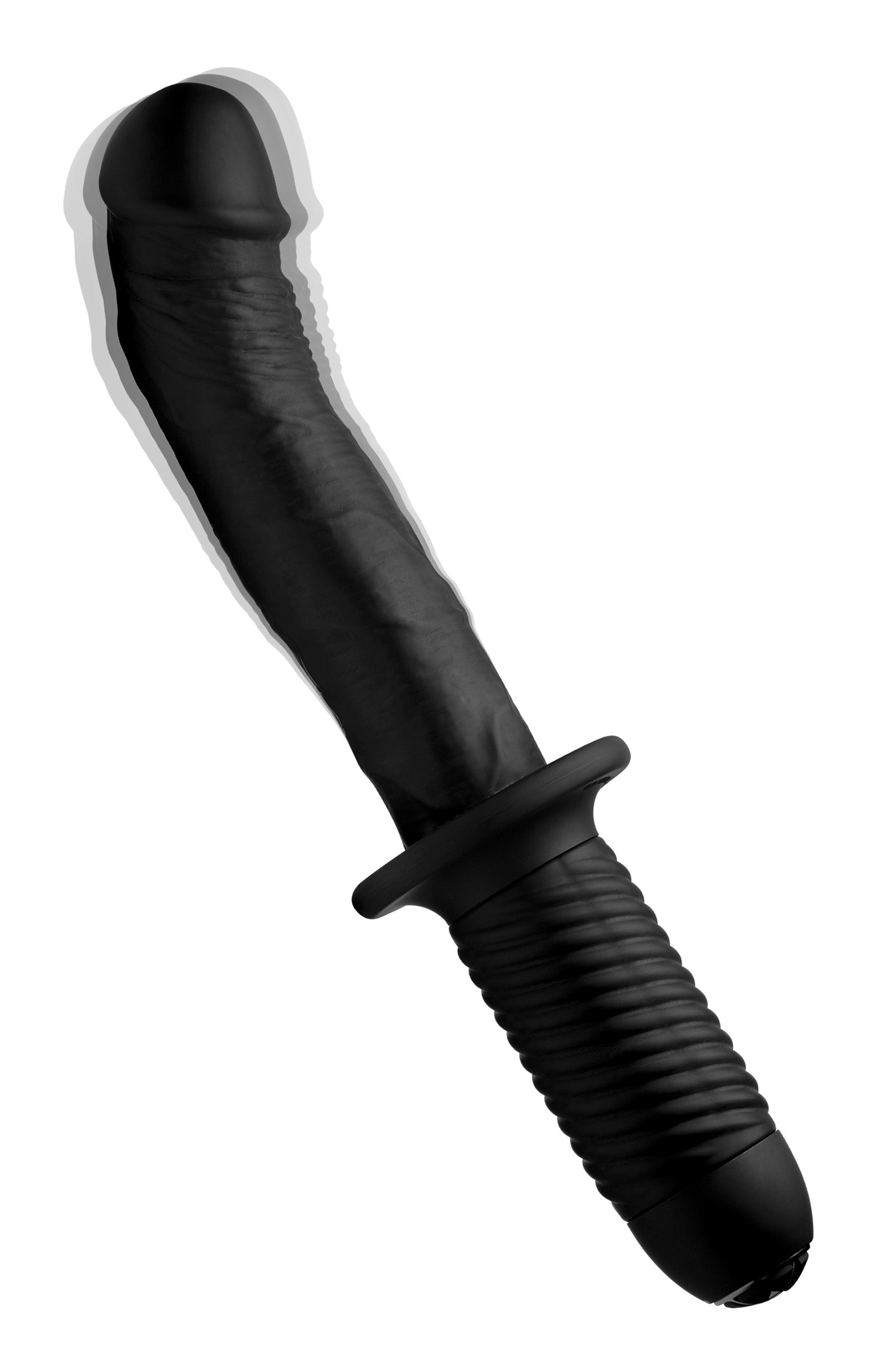 The Large Realistic 10X Silicone Vibrator with Handle in sleek black with textured grip and curved shaft design.