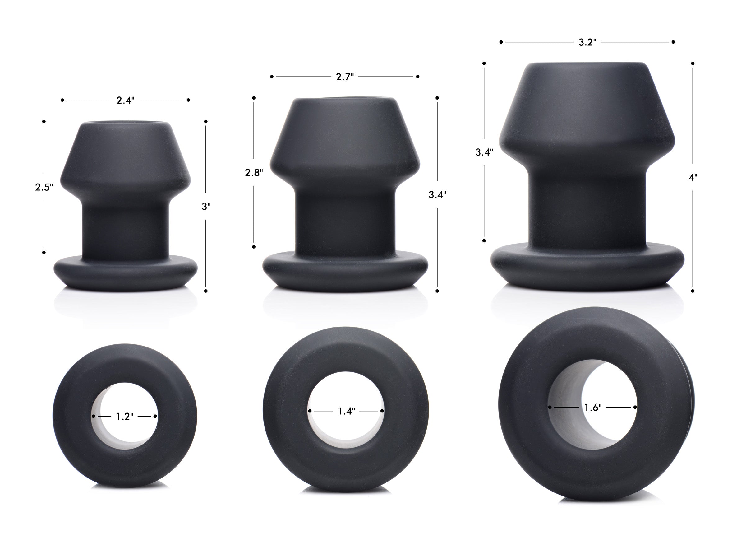 Gape-Grommets 3 Piece Hollow Silicone Anal Dilator Set with size dimensions and design details.