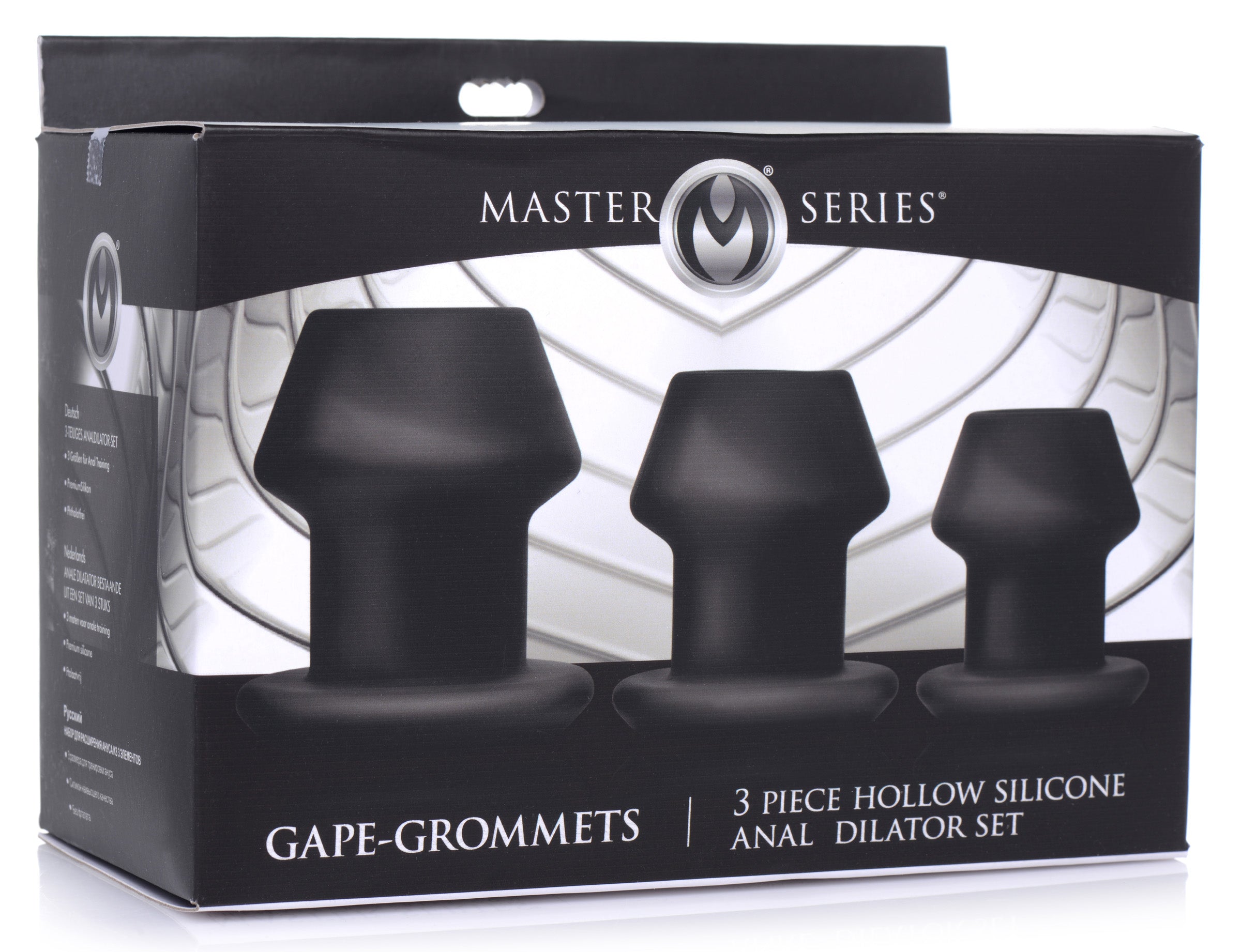 Gape-Grommets 3 Piece Hollow Silicone Anal Dilator Set packaging with a clear display of the three dilator sizes.