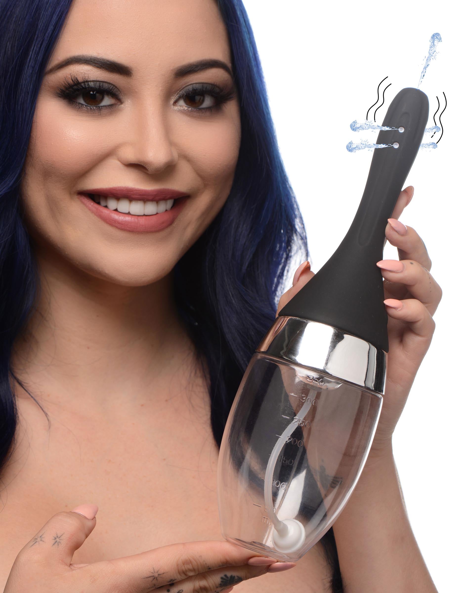 CleanStream Auto-Vibrating Enema Bulb in a woman's hand, showcasing ergonomic design and transparent reservoir.