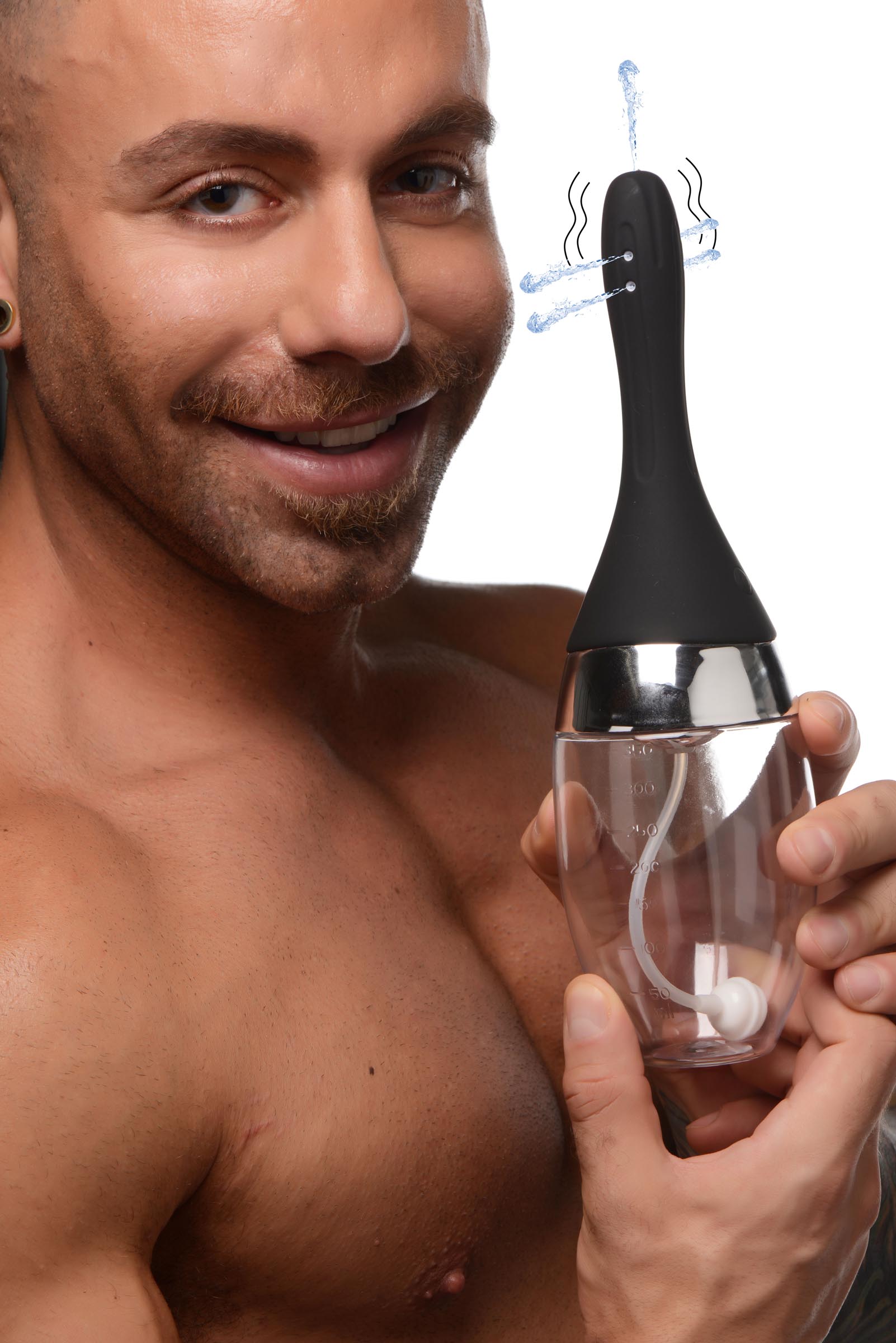 Man holding CleanStream Auto-Vibrating Enema Bulb, showcasing its ergonomic design and features.