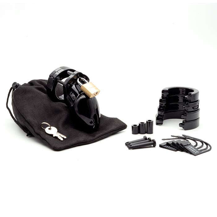 CB6000S Male Chastity Cage Kit Black including cage, key, and accessories.