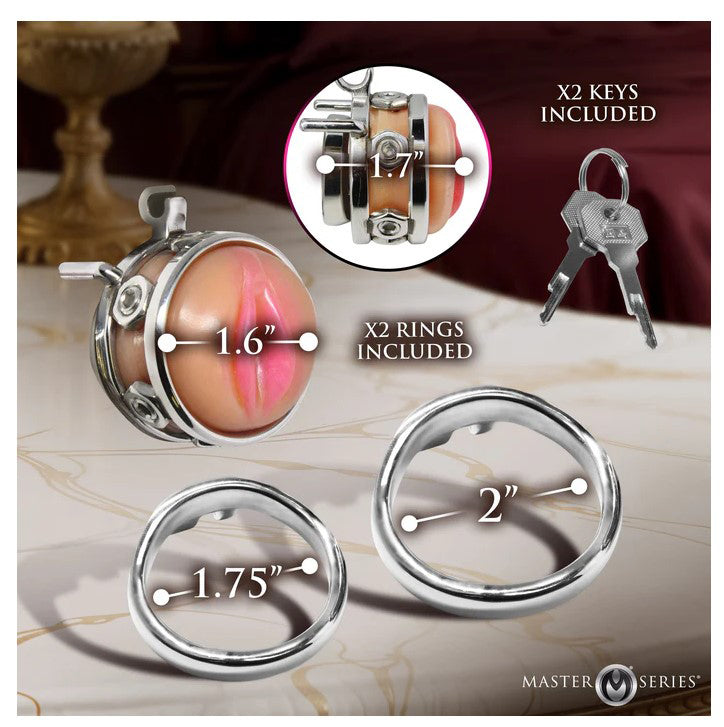 Pussy Boy Metal Chastity Cage Silver showing two rings included, key set, and size dimensions for a secure fit.