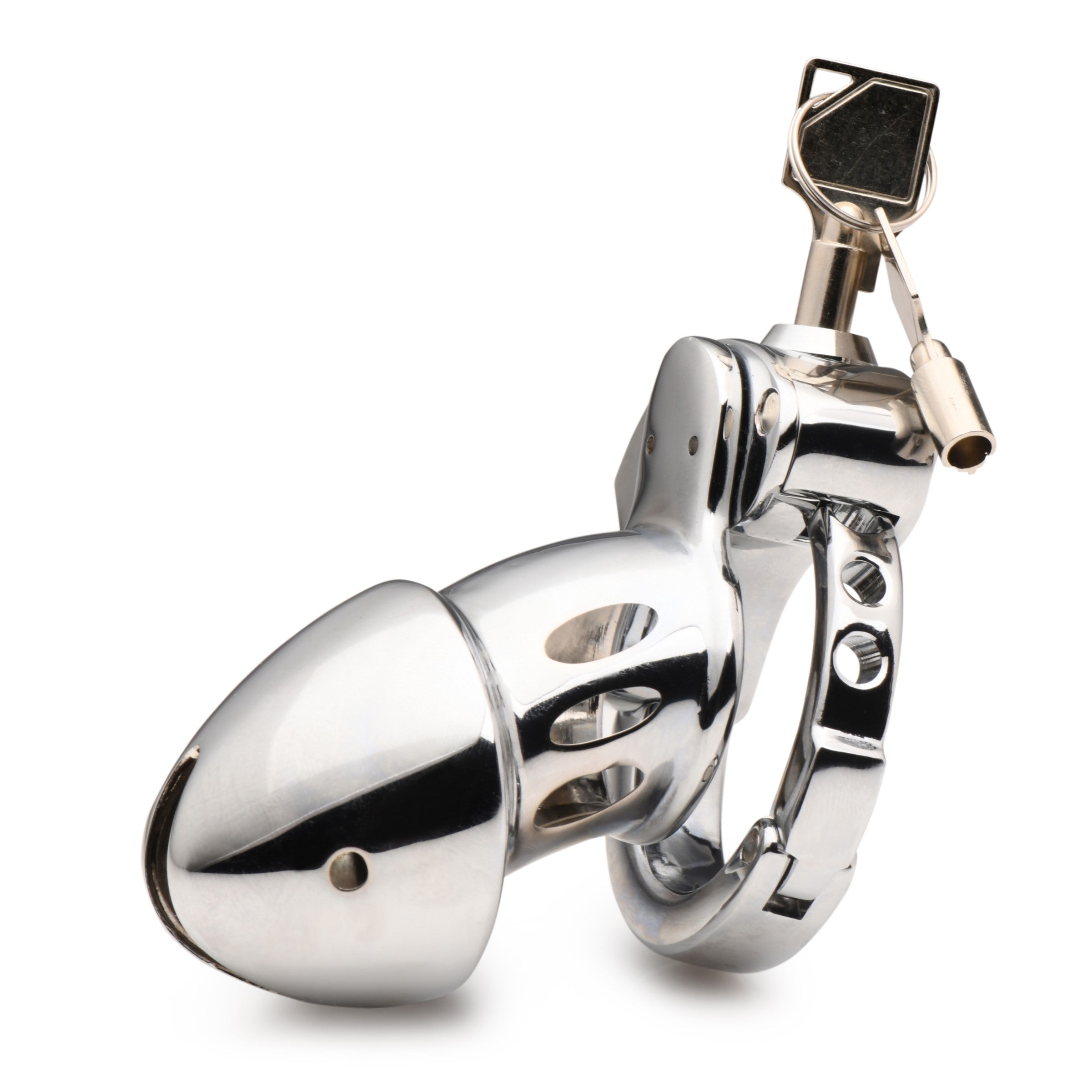 Master Series Cock Cuff Snap-on Chastity Cage in sleek silver finish with adjustable base ring and locking mechanism.