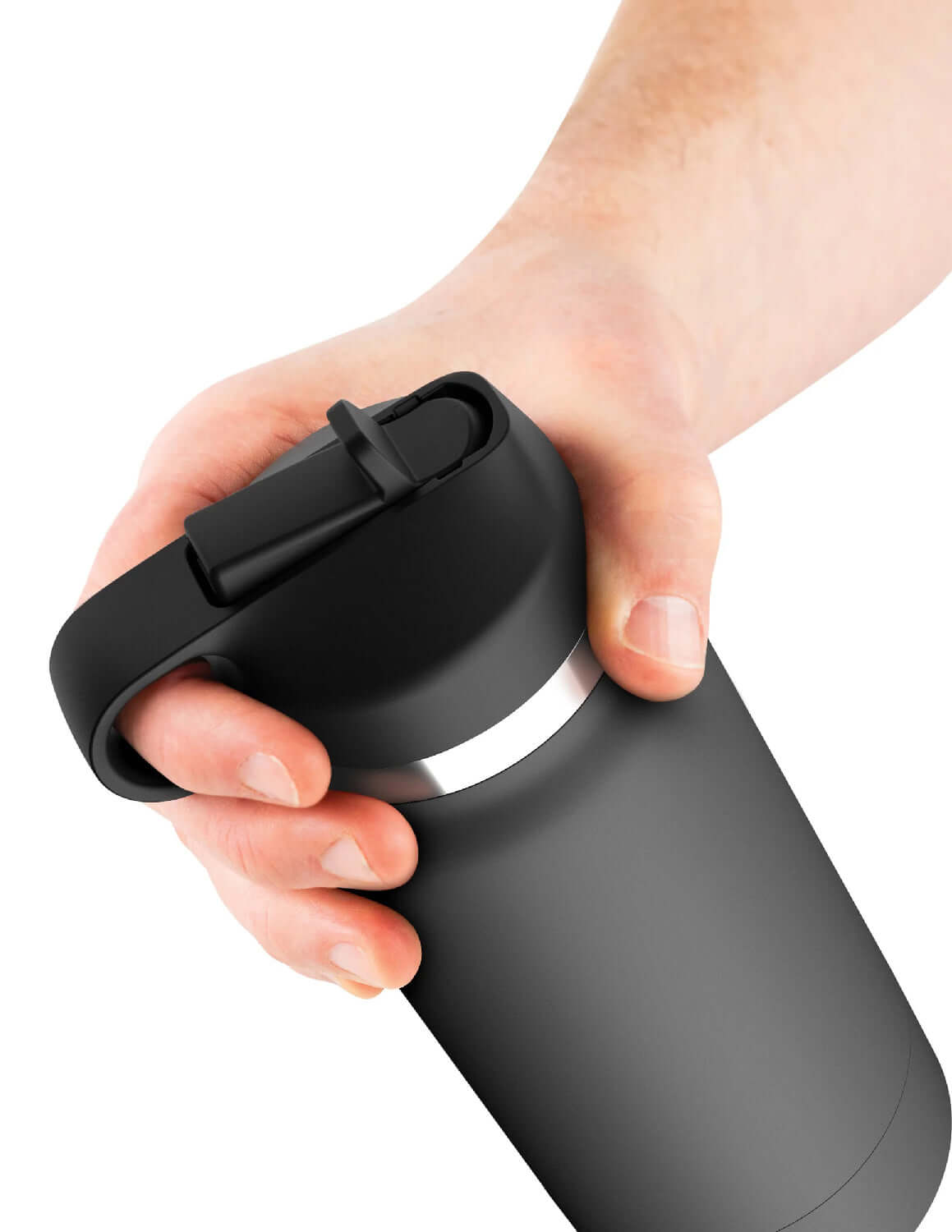 Hand holding grey discreet Fuck Flask water bottle stroker designed for privacy and hydration