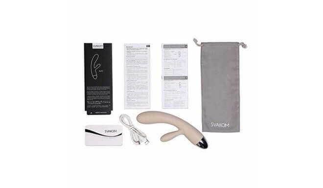 Alice Rabbit Vibrator Khaki by Svakom displayed with accessories, including instructions, charger, and storage pouch.