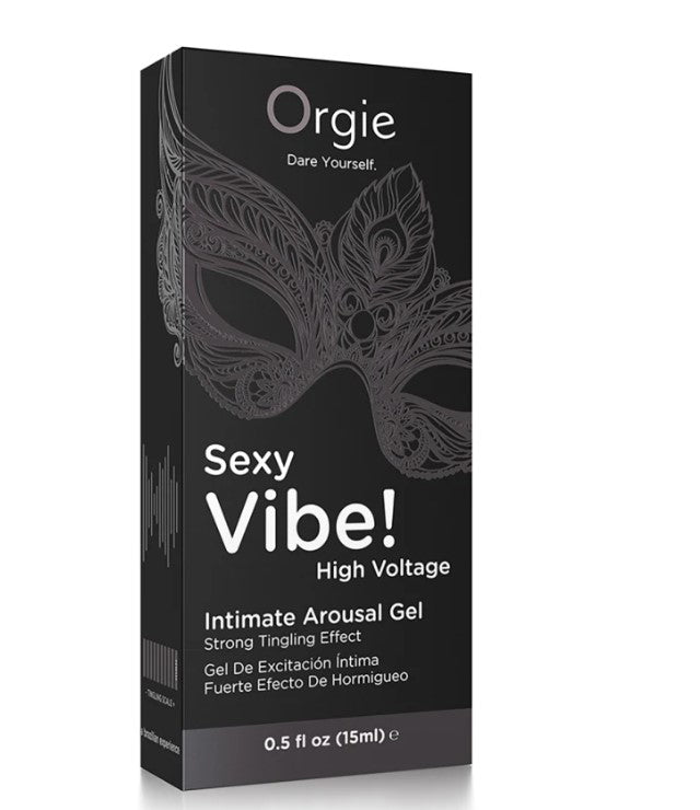 Orgie Sexy Vibe High Voltage Intimate Arousal Gel 15 ml packaging featuring a decorative mask design and product benefits.