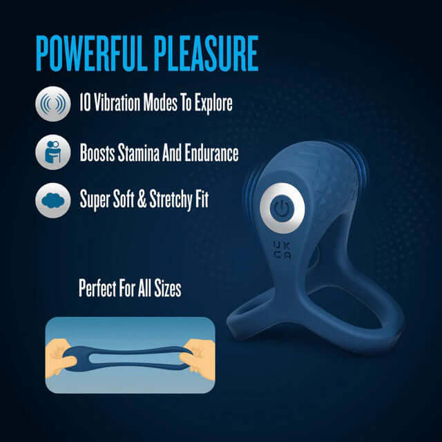Performance Plus Dual Flex Pro Ring Blue with 10 vibration modes to enhance stamina and provide a soft, stretchy fit.