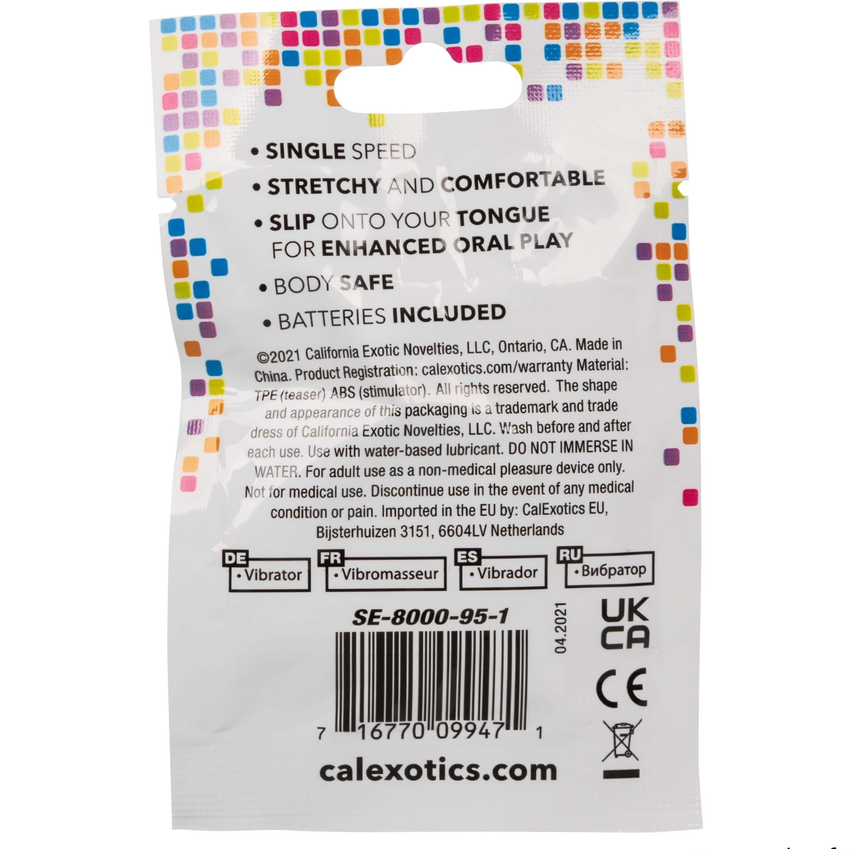 Foil Pack Vibrating Tongue Teaser Purple packaging details, highlighting features and specifications.