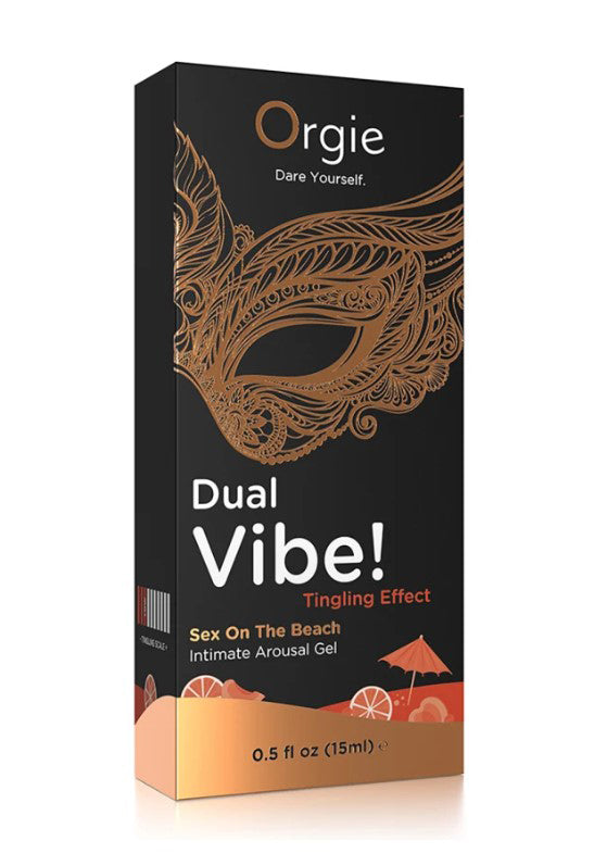 Orgie Dual Vibe Sex on the Beach Kissable Liquid Vibrator 15 ml packaging showing tingling effect and intimate arousal gel.