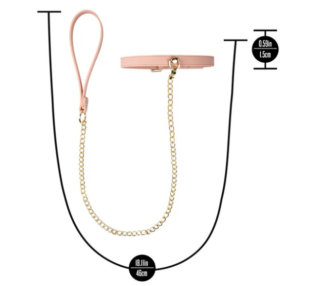 Temptasia Ardor Collar and Leash Pink dimensions showing chain length and collar design.