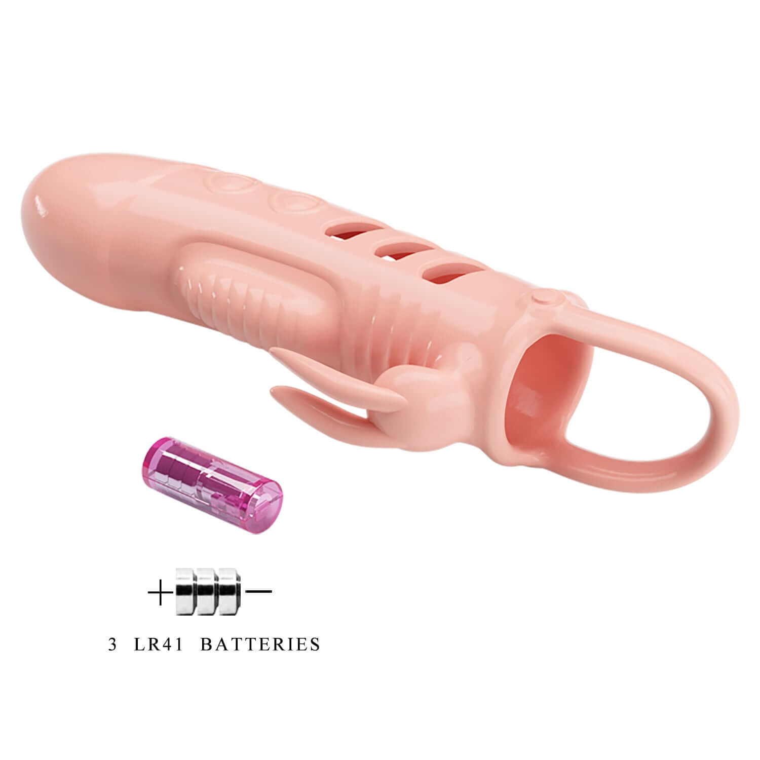 Pretty Love Penis Sleeve Sloane Flesh with included 3 LR41 batteries for enhanced pleasure and stimulation.