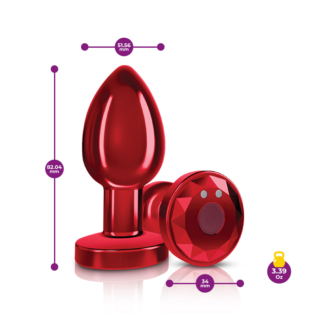 Vibrating Red Metal Remote Plug Medium with measurements and weight details, ideal for pleasure.
