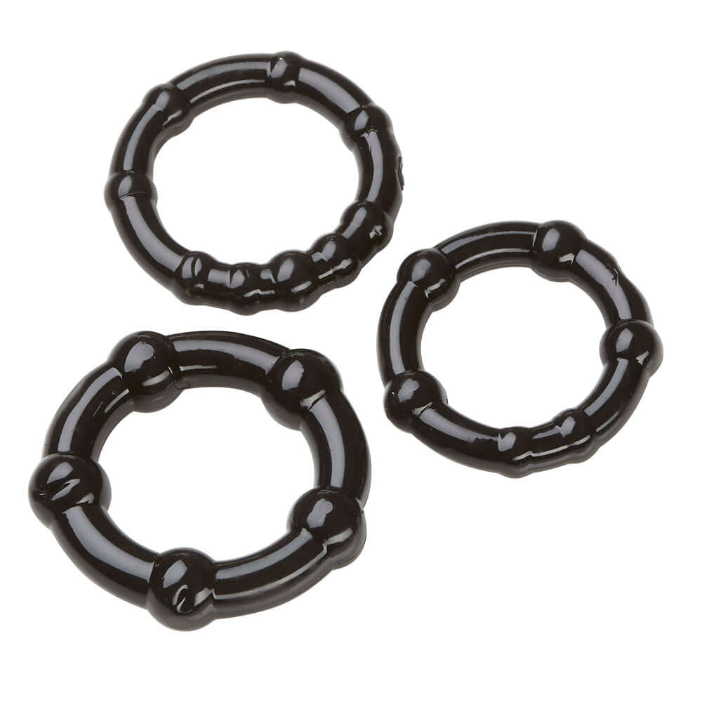Cockring Combo Beaded 3 Pack Black - three black beaded cock rings in graduated sizes for customizable fit and comfort.