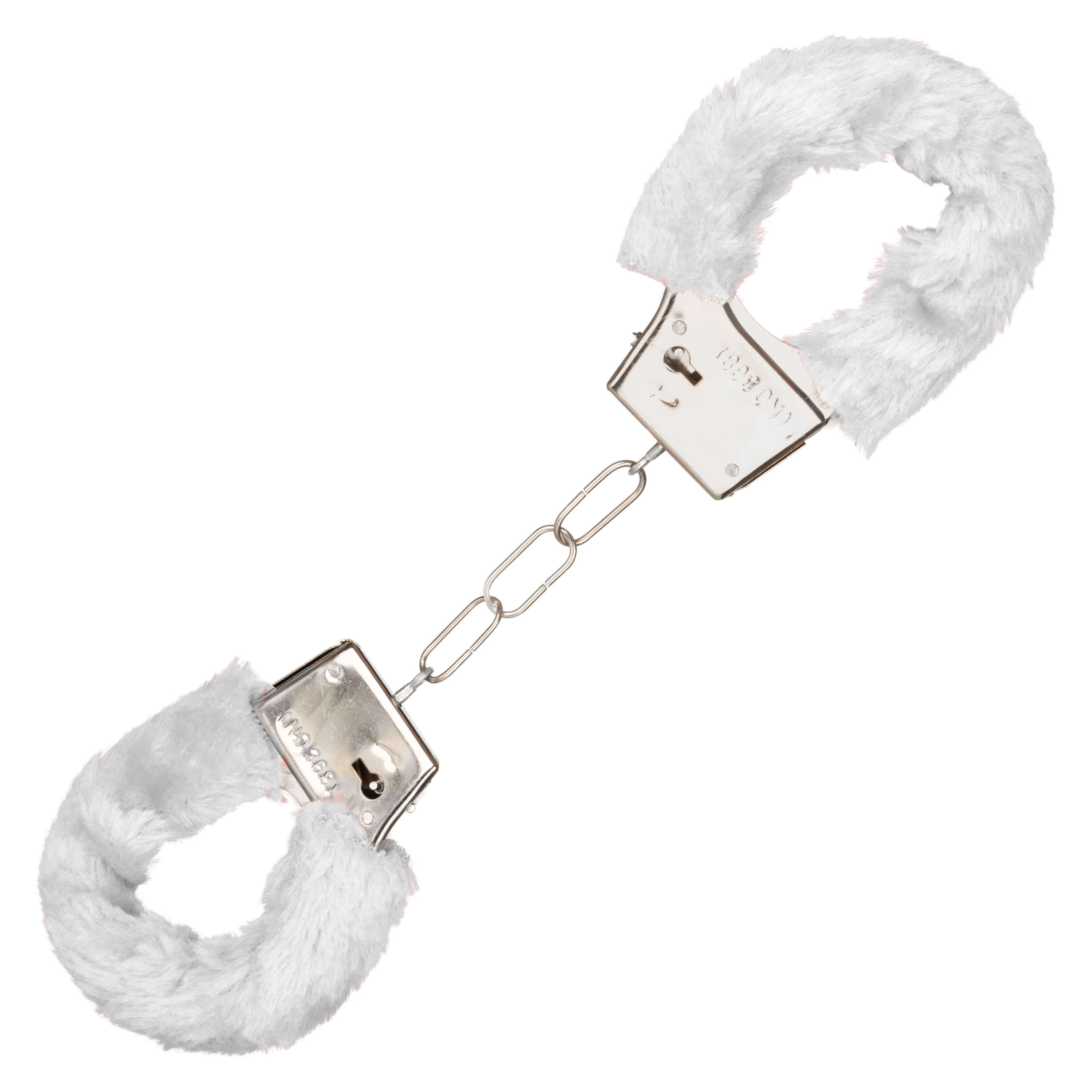 Playful Furry Cuffs White featuring plush faux fur padding and durable metal for comfortable restraint.