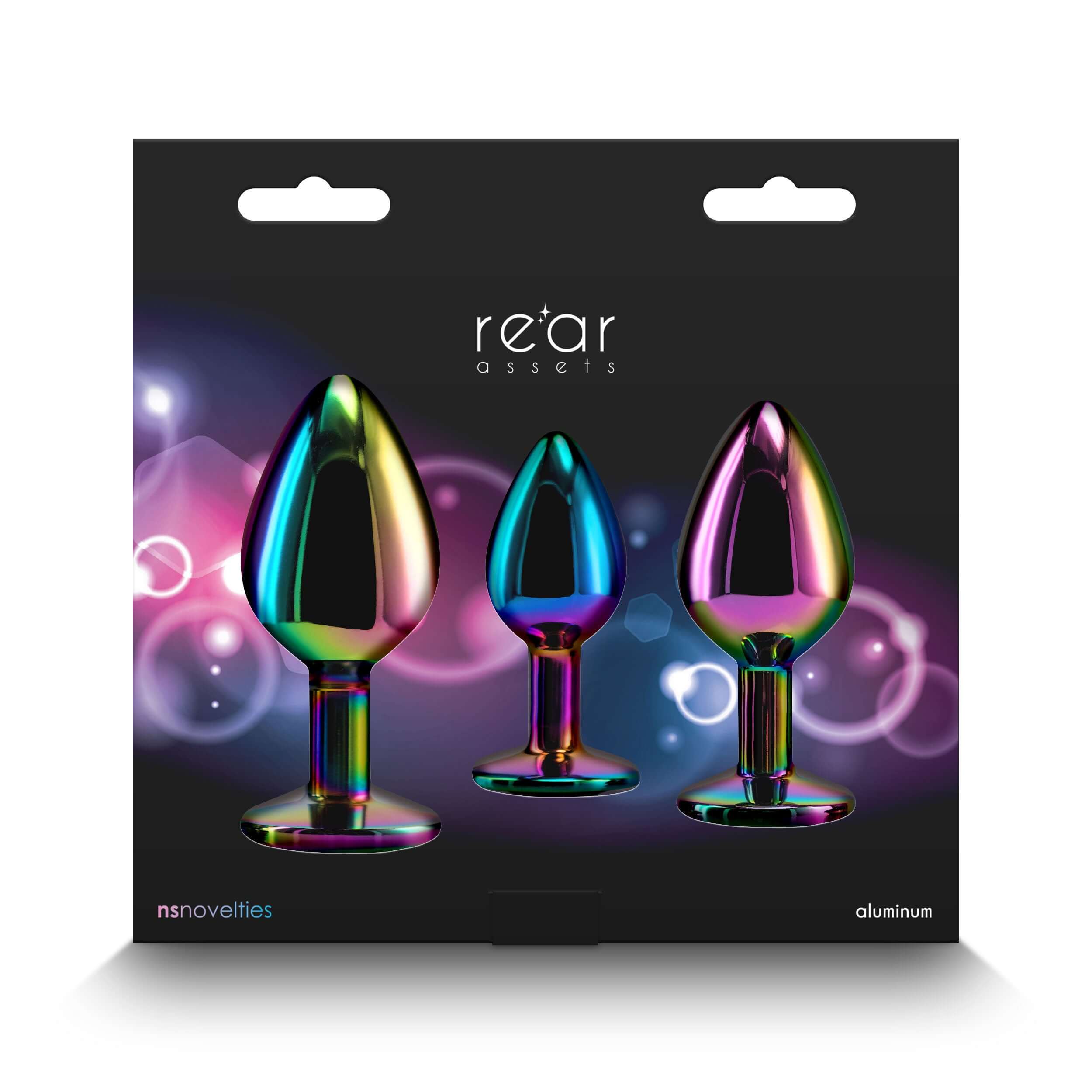 Rear Assets Anal Trainer Kit Rainbow Heart featuring three chrome-plated metal plugs in a stylish package.