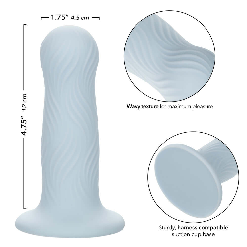 Wave Rider Foam Dildo - Blue, featuring wavy texture for enhanced pleasure, harness compatible with suction cup base, 4.75 inches long.