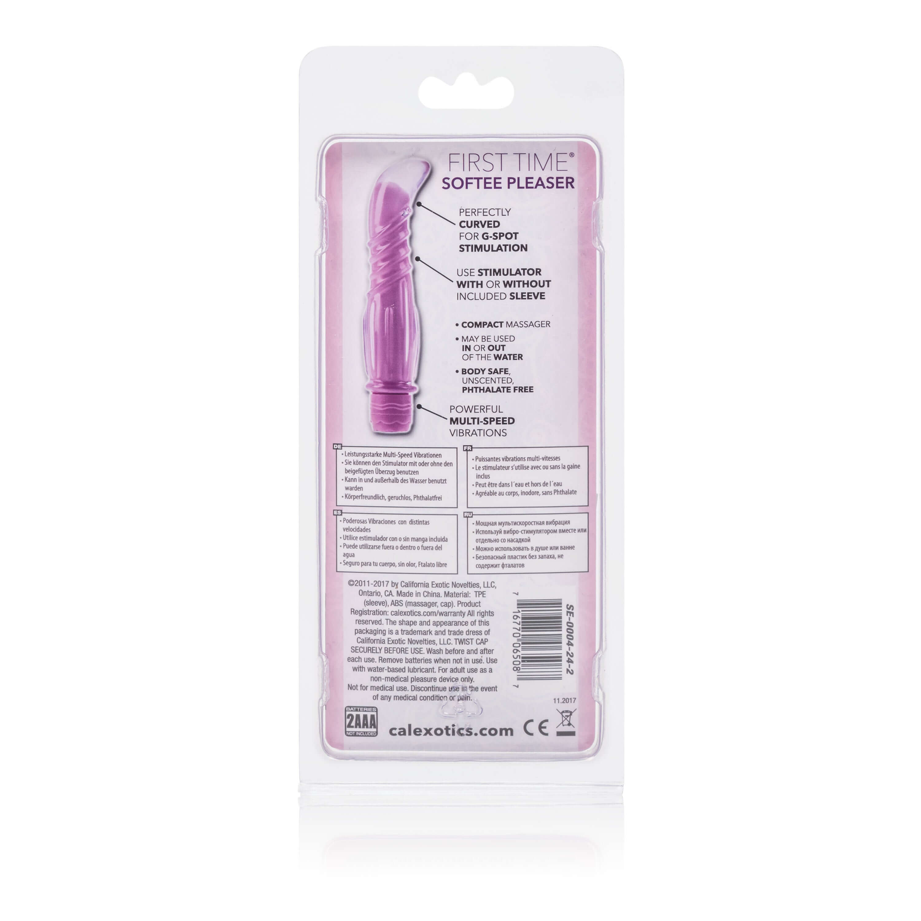 First Time Softee Pleaser Purple vibrator packaging, designed for G-spot stimulation with gentle vibrations.