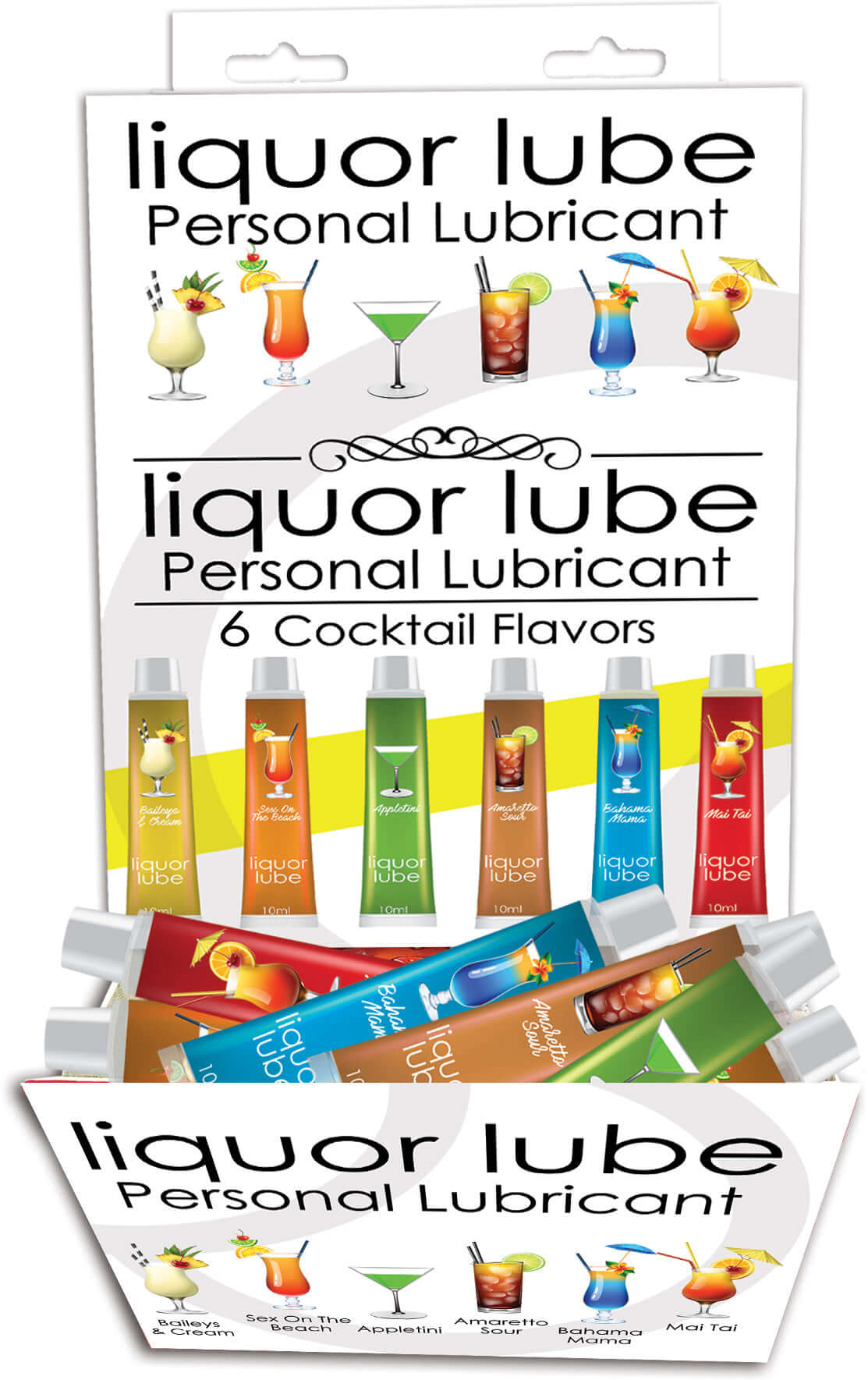 Liquor Lube Assorted Flavors 72 Pc Display featuring a variety of personal lubricants in 6 cocktail flavors.